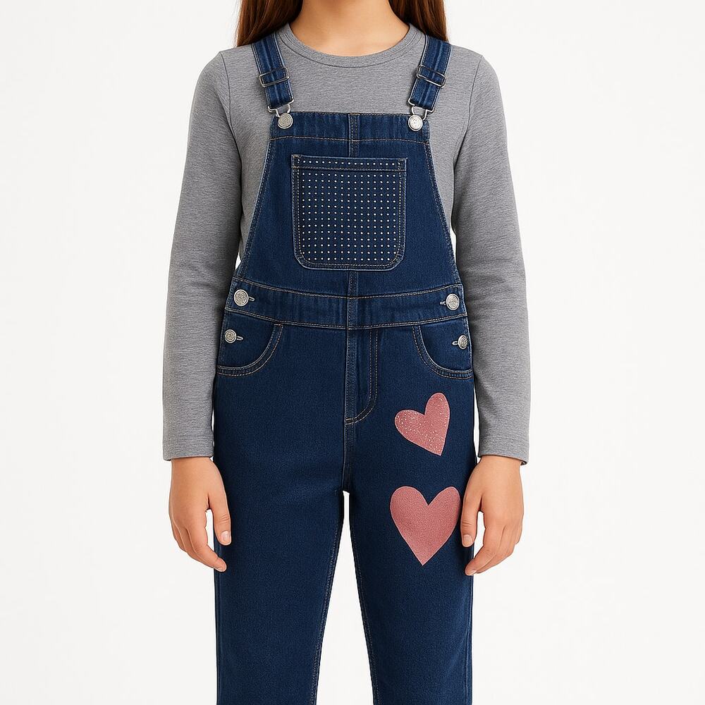 Desigual Girls Denim Overalls 7/8 NWT Hearts & Studs